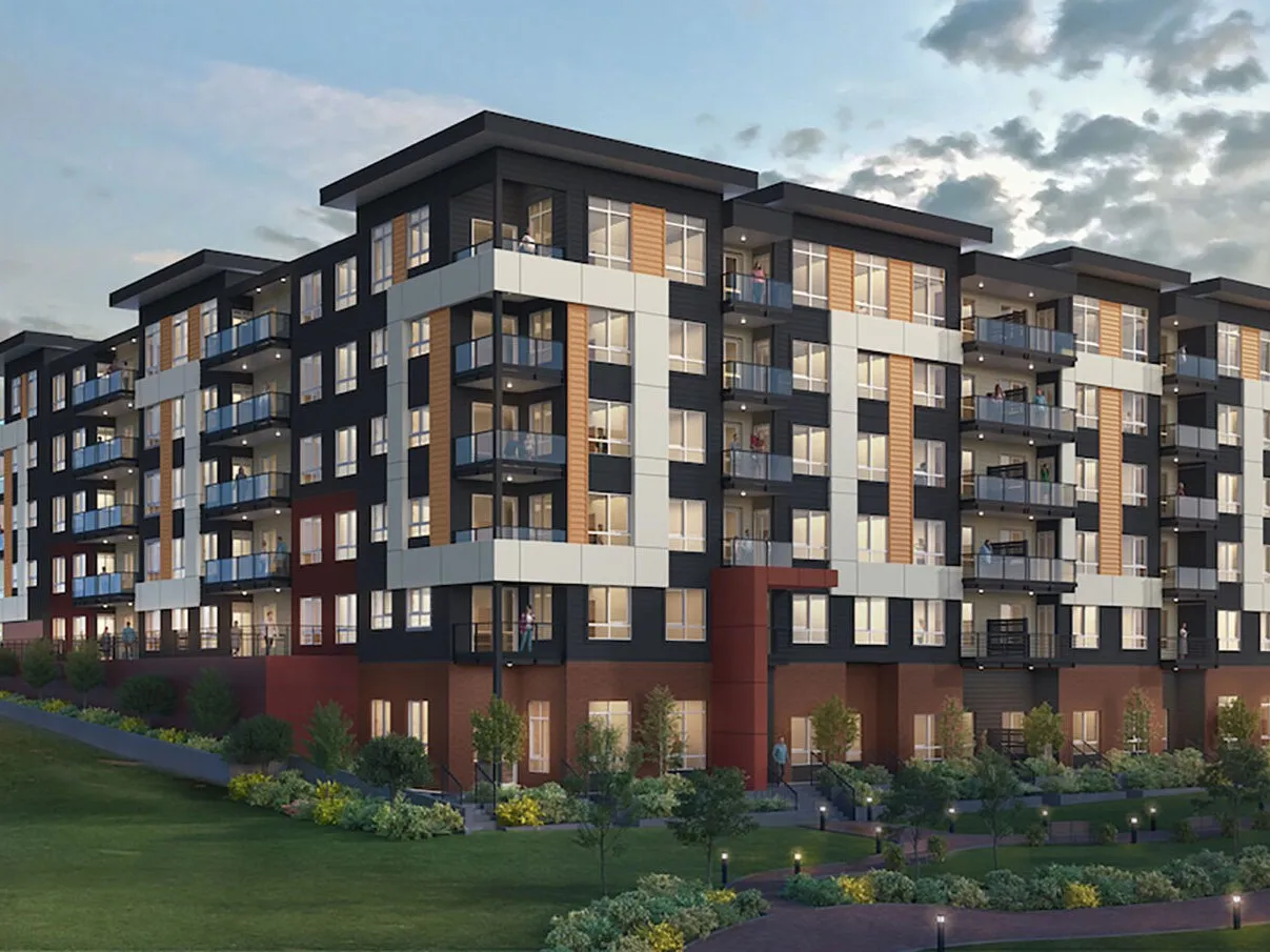 Architectural rendering of Eastin Condos at dusk, Surrey