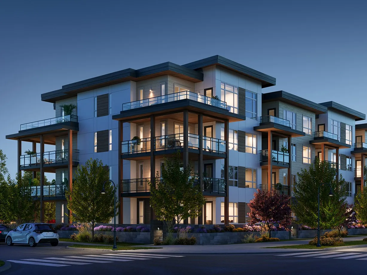 Architectural rendering of Eliza at dusk, Vancouver Island