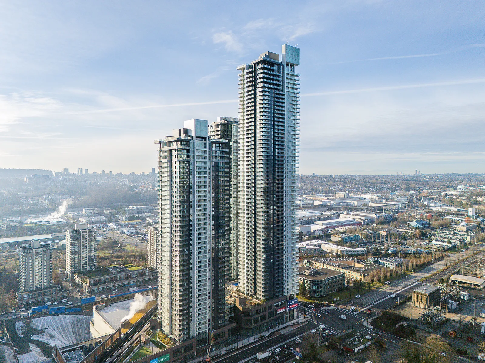 Aerial photo of the completed Gilmore Place towers, Burnaby