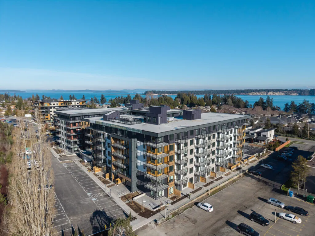 Aerial photo of the completed Hackett building, Vancouver Island