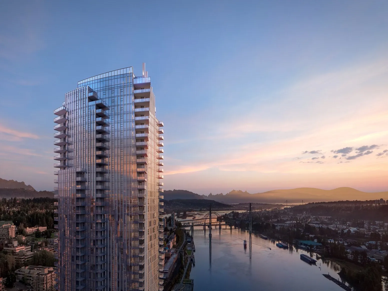 Architectural rendering of the Pier West tower above the Fraser River, New Westminster