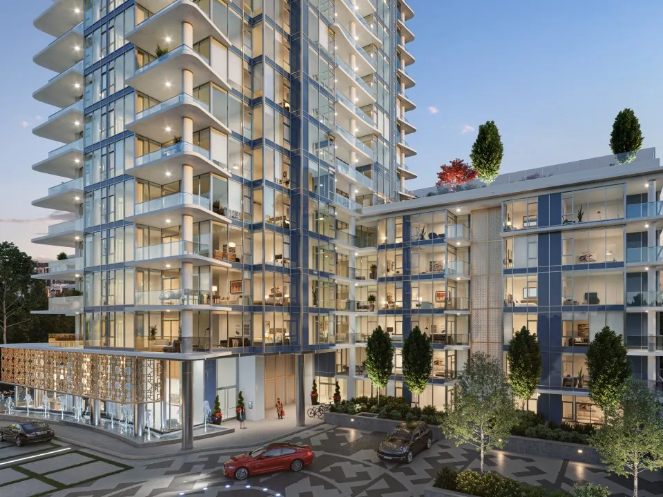 Architectural rendering of Riviera at dusk, Burnaby