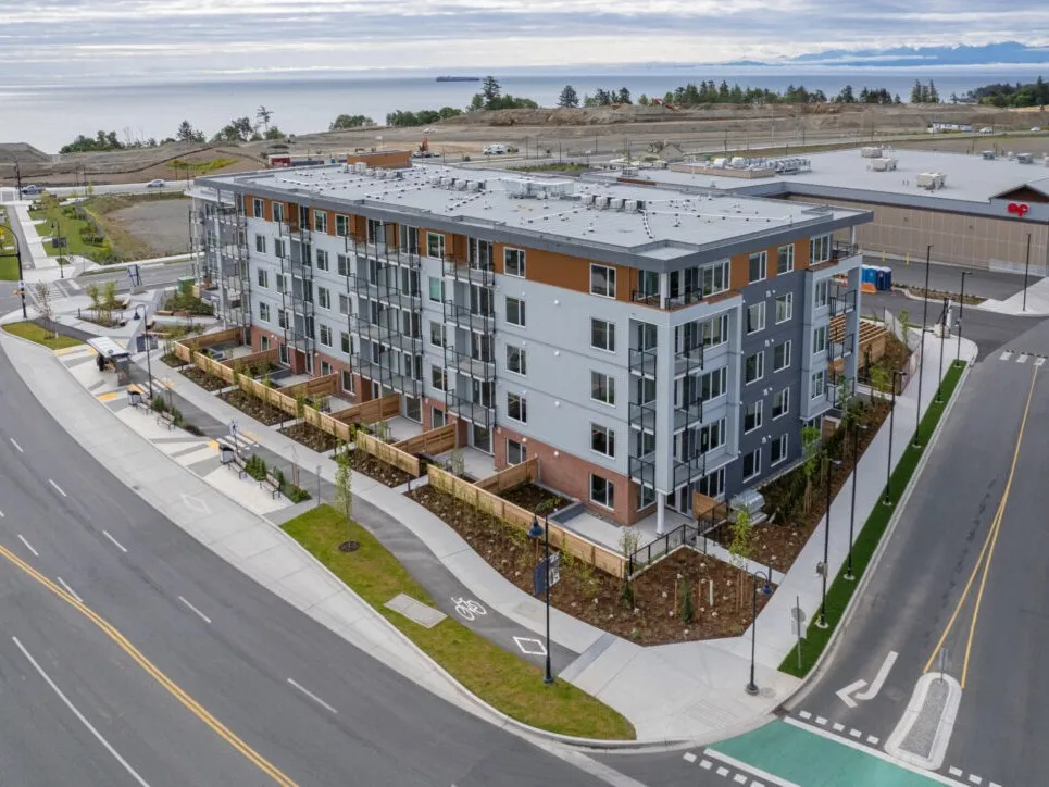 Aerial photo of the completed Royal Bay building, Vancouver Island