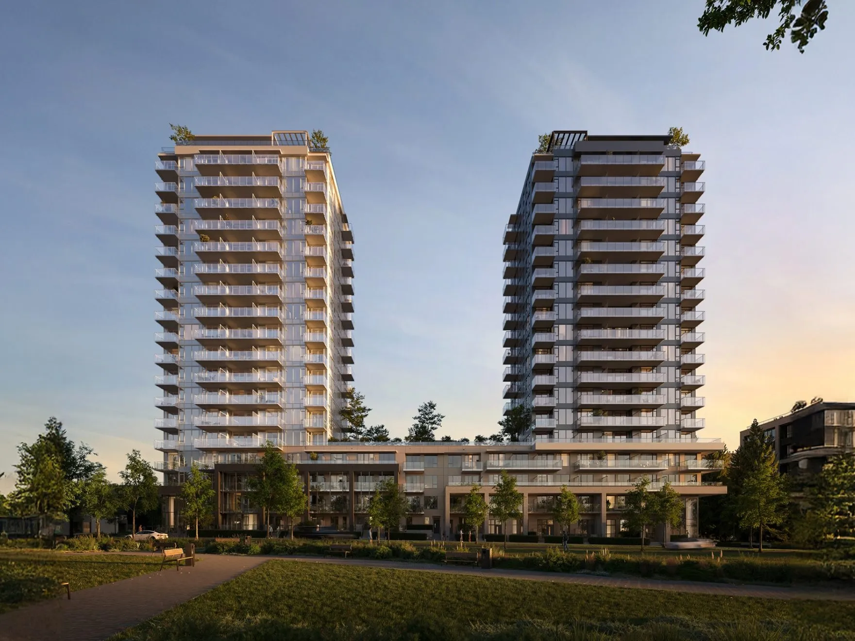Architectural rendering of the two W42 towers, Vancouver